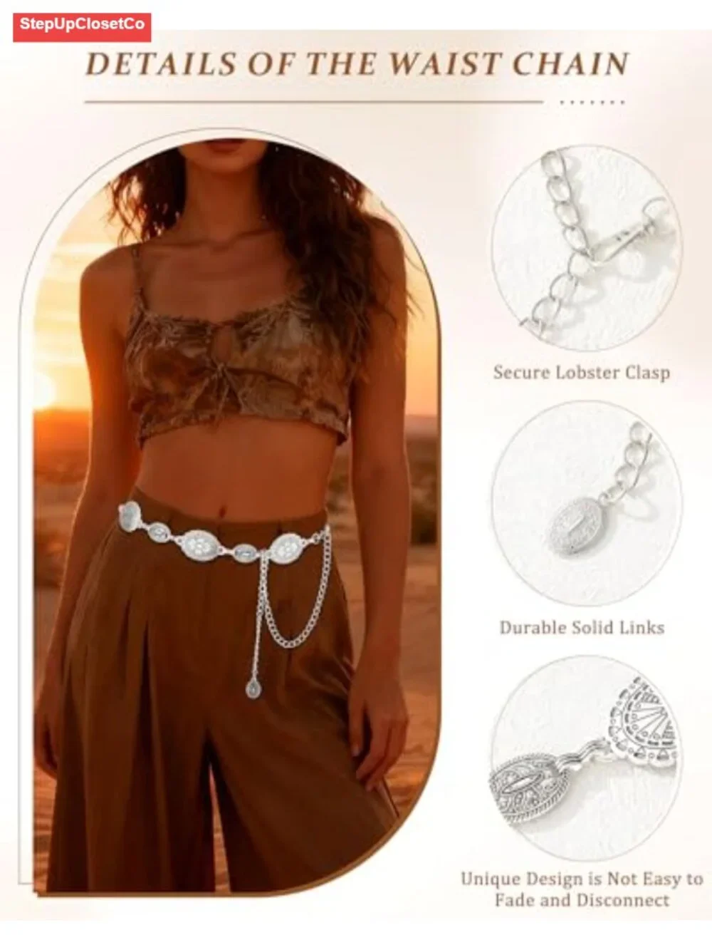 Boho Western Chain Belt for Women, Adjustable Waist Belt, Metallic